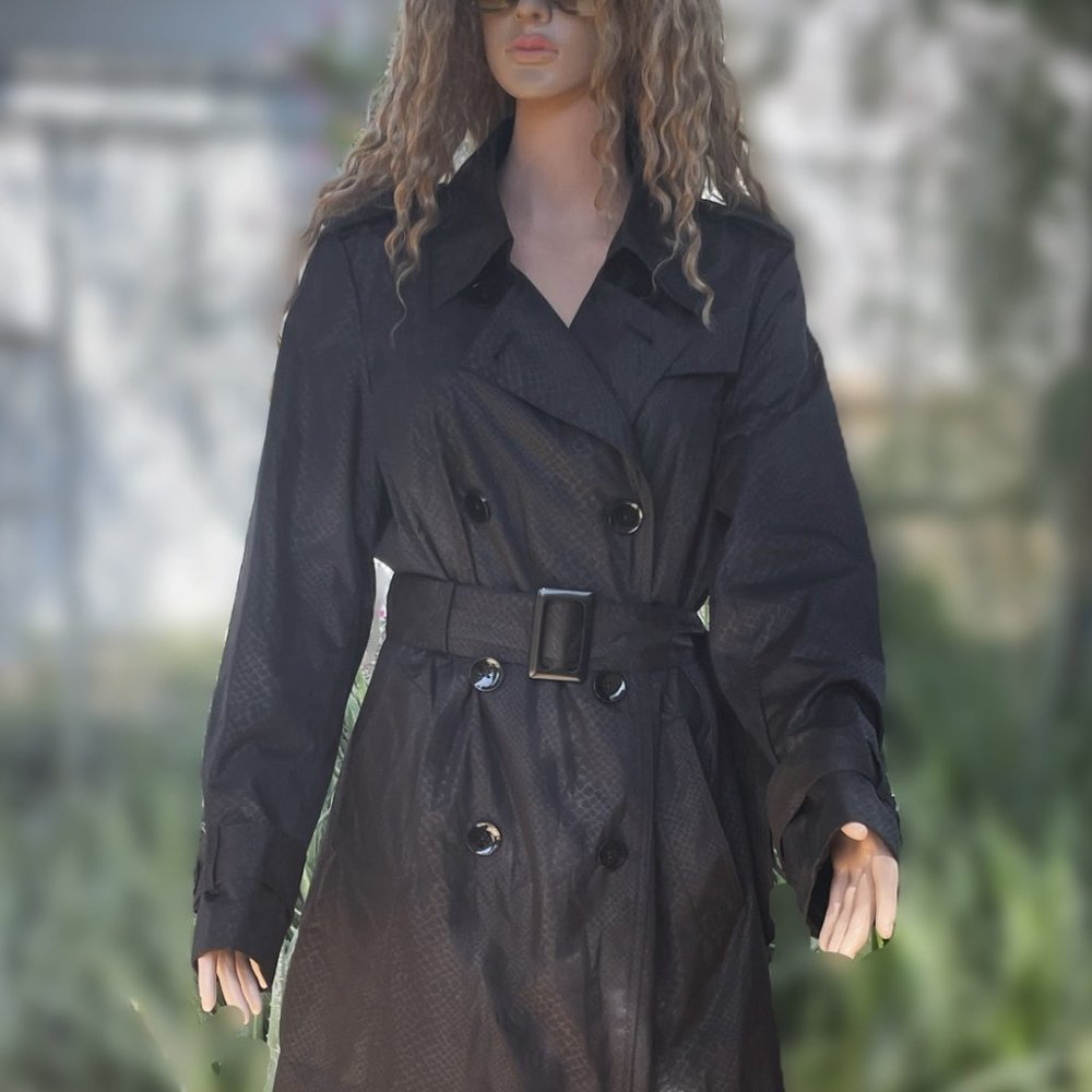 Women's Size Large Double-Breasted, Black Snake Print Raincoat by Attention